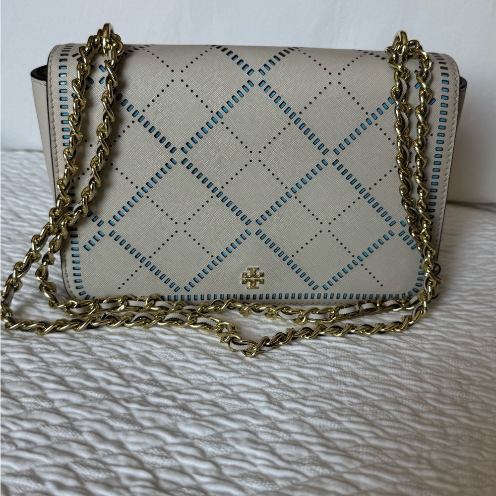 Tory Burch Cream and Blue Leather Quilted Chain Bag